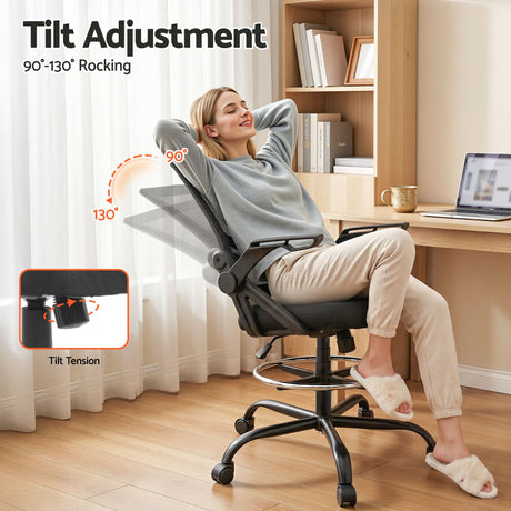 Cunderdin black mesh drafting chair with adjustable chrome footrest ring