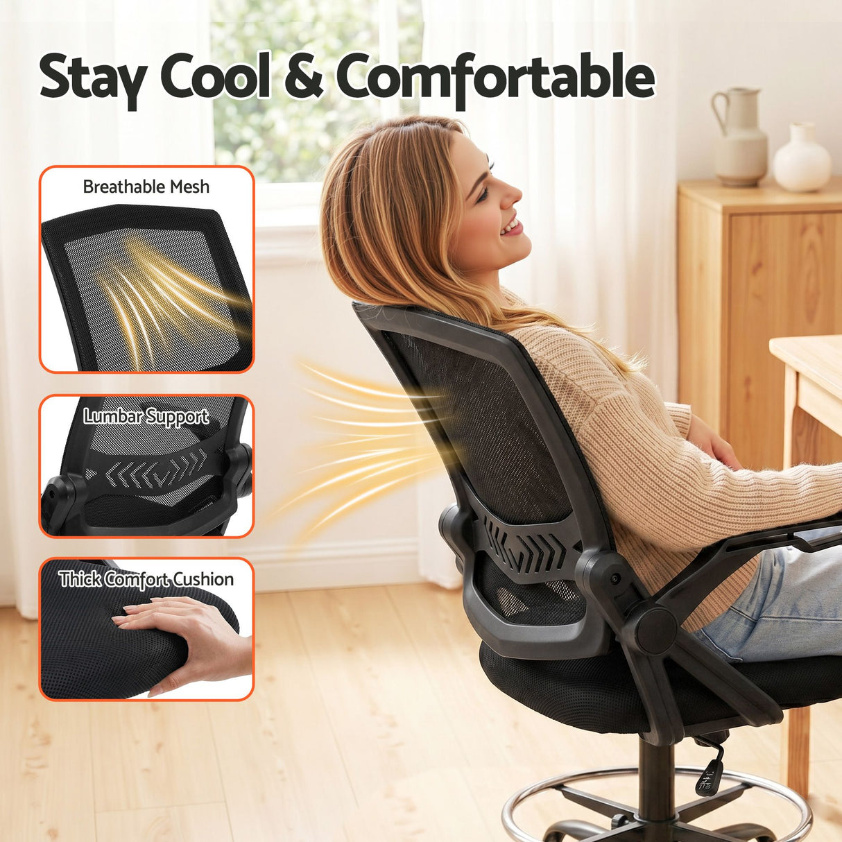 Cunderdin black mesh drafting chair with adjustable chrome footrest ring