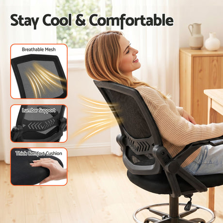 Cunderdin black mesh drafting chair with adjustable chrome footrest ring
