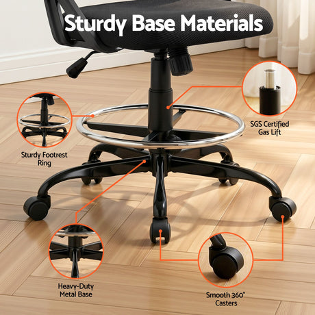 Cunderdin black mesh drafting chair with adjustable chrome footrest ring
