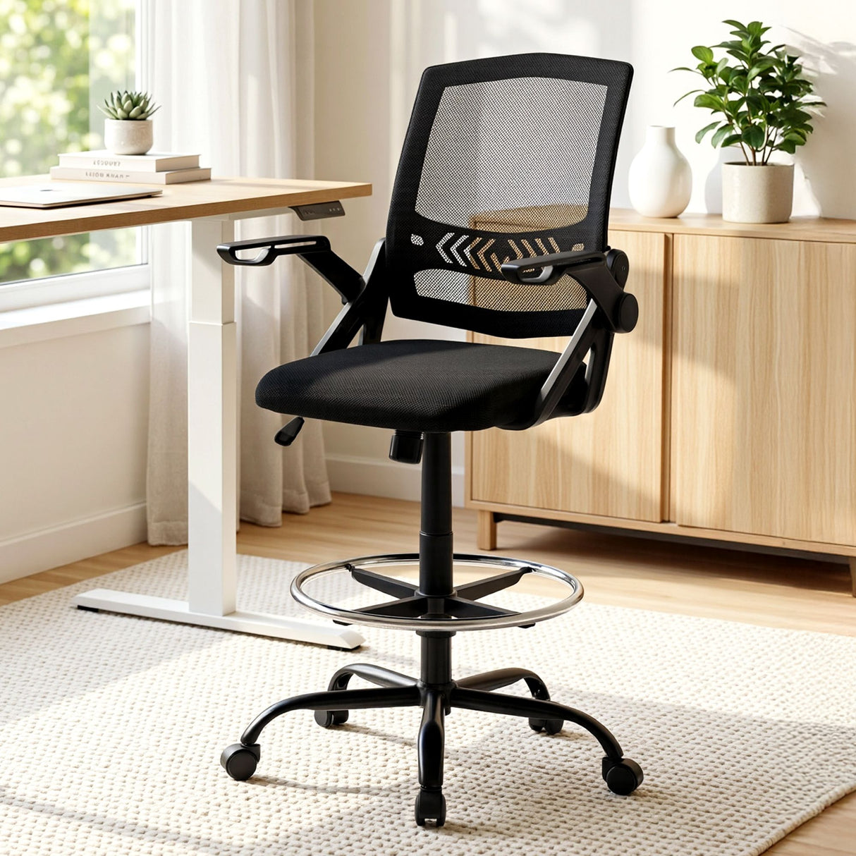 Cunderdin black mesh drafting chair with adjustable chrome footrest ring