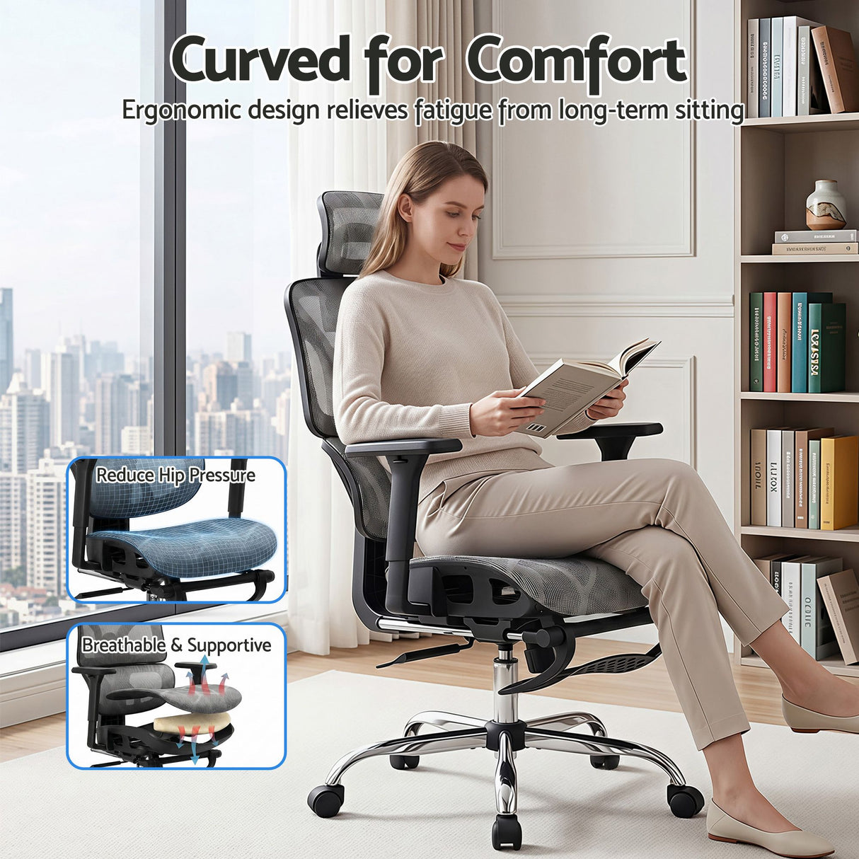 Dunsborough grey ergonomic mesh office chair with footrest