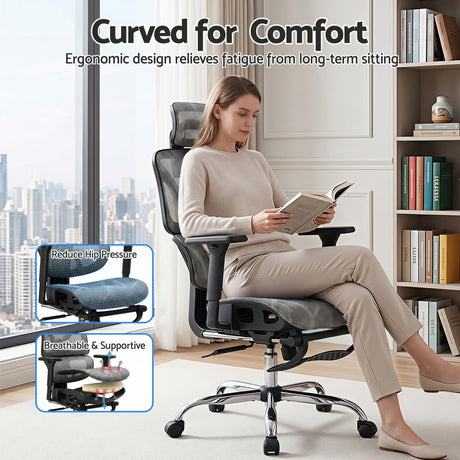 Dunsborough grey ergonomic mesh office chair with footrest