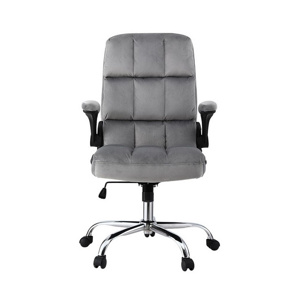 Bindoon grey velvet office chair with contoured mid back and chrome base