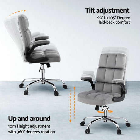 Bindoon grey velvet office chair with contoured mid back and chrome base