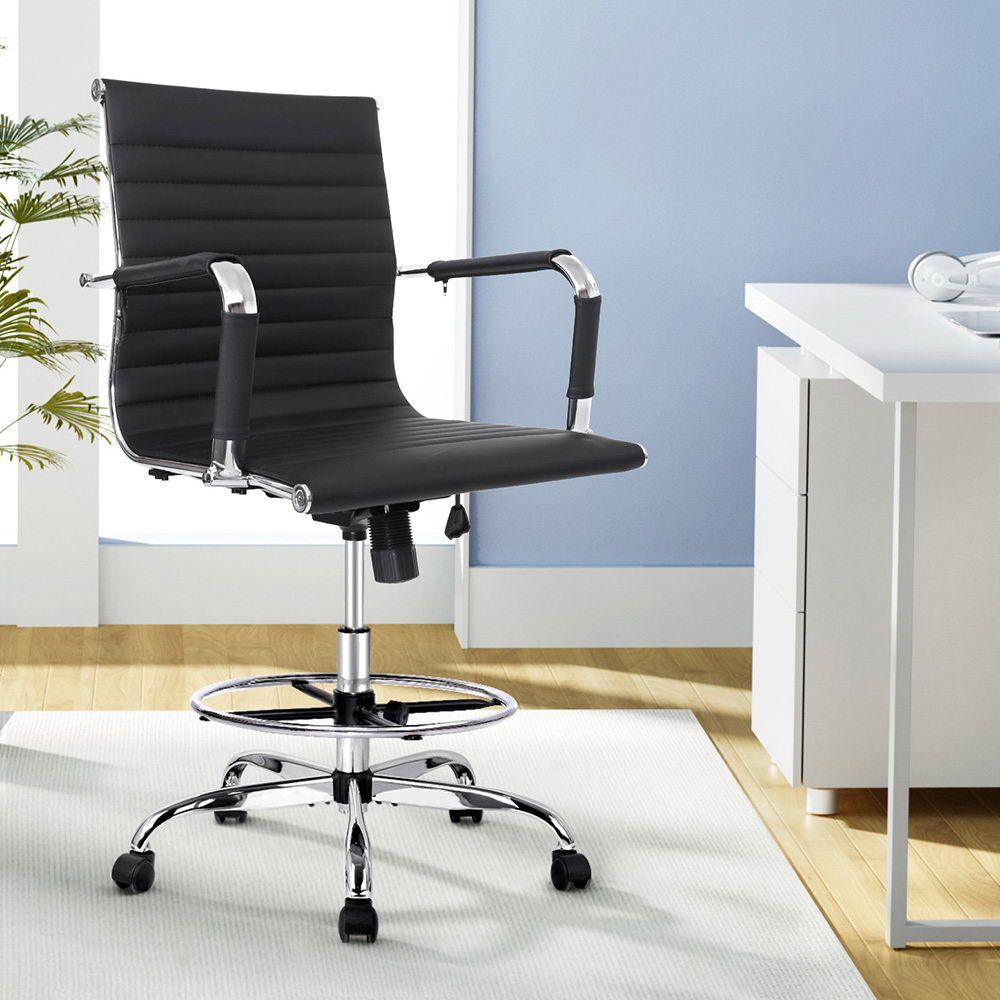 Guilderton black faux leather drafting office chair with footrest ring, view 7