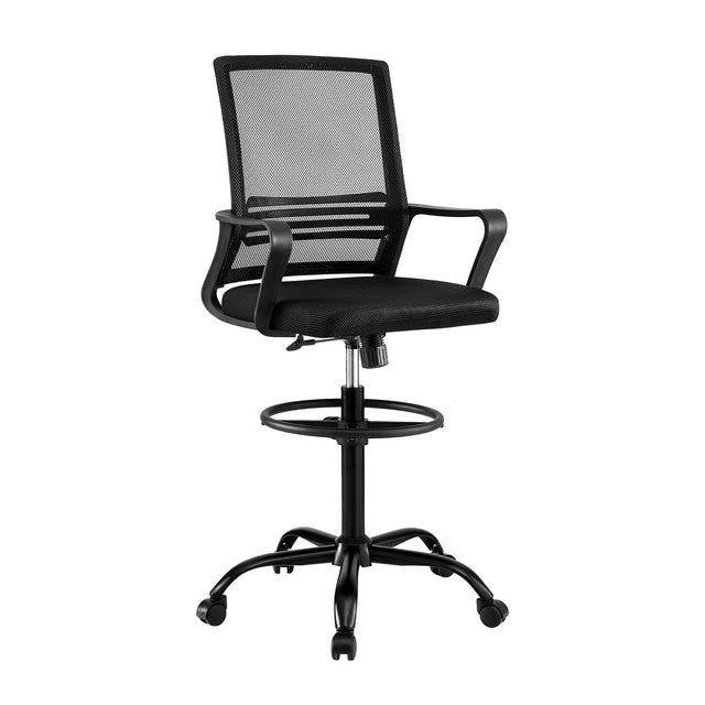 Northcliffe black mesh drafting chair with foot ring at a standing desk
