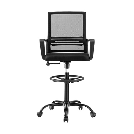 Northcliffe black mesh drafting chair with foot ring at a standing desk