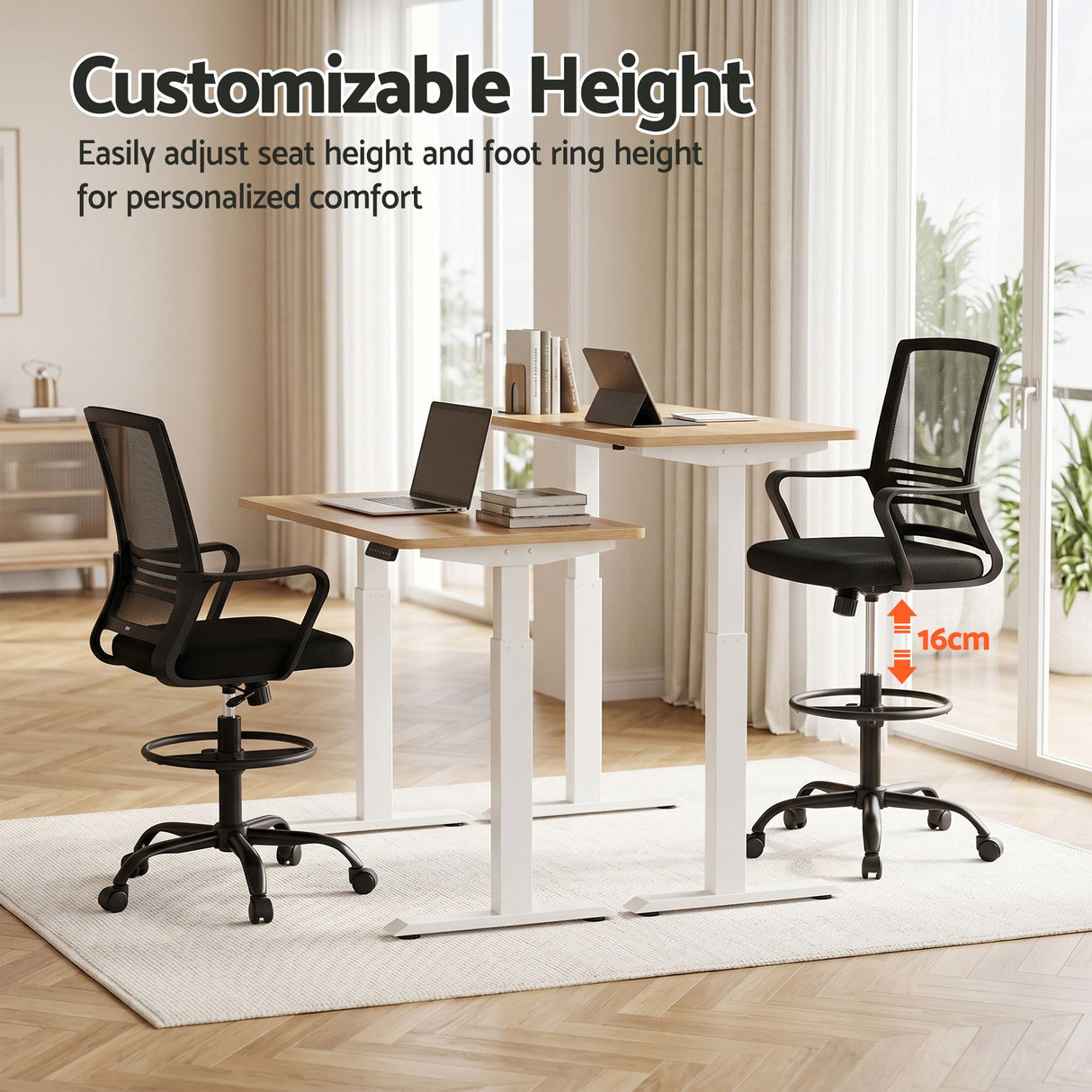 Northcliffe black mesh drafting chair with foot ring at a standing desk