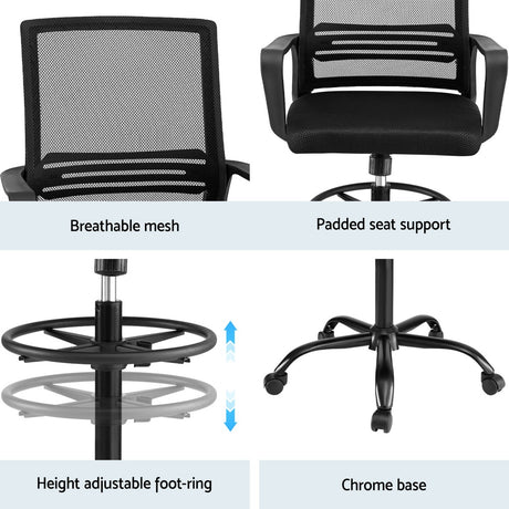 Artiss Ergonomic Black Mesh Drafting Office Chair Standing Desk Stool — Allure Home Collections