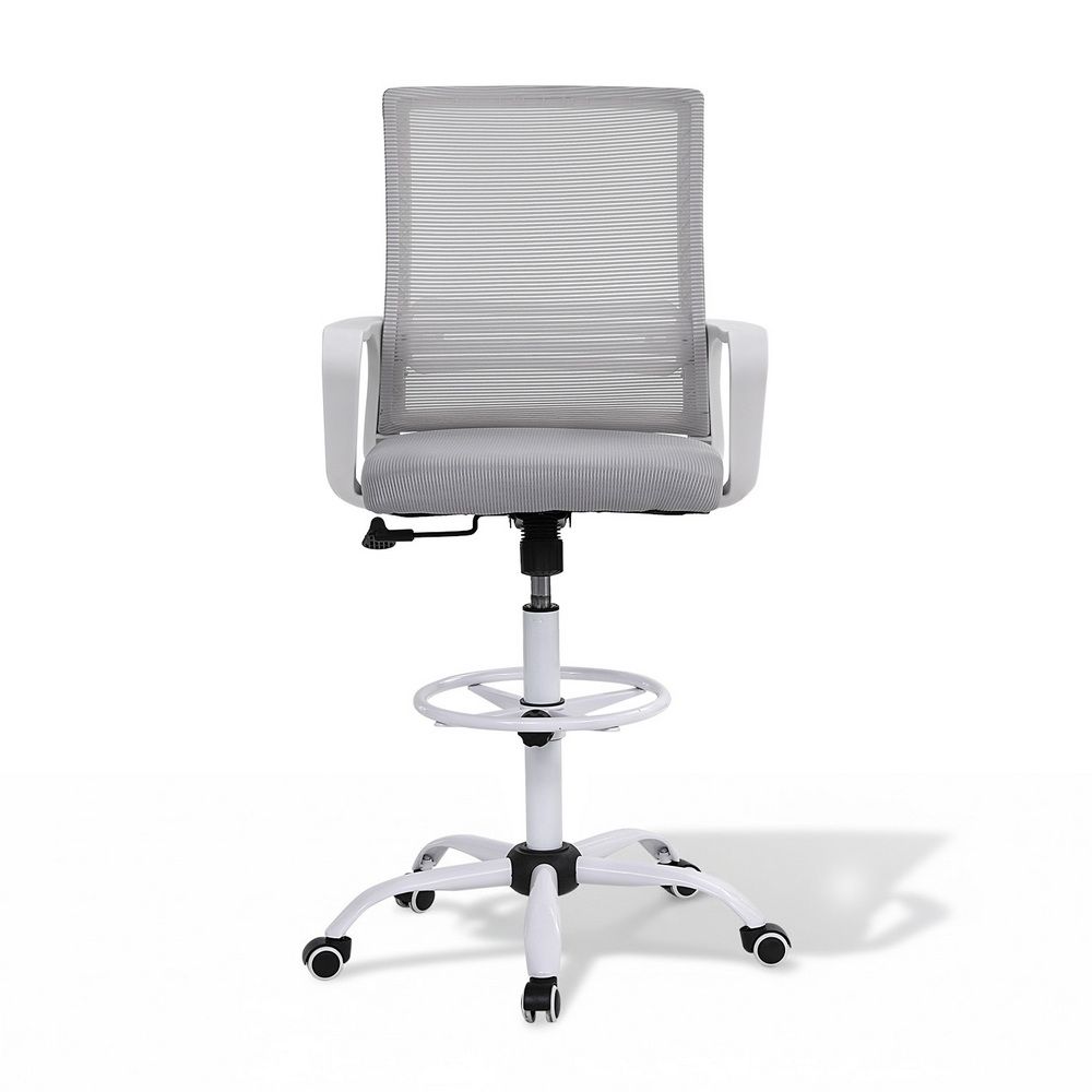 Northcliffe white mesh drafting chair with foot ring at a standing desk