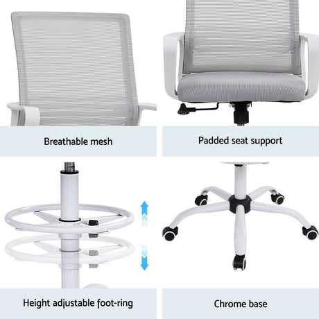 Northcliffe white mesh drafting chair with foot ring at a standing desk