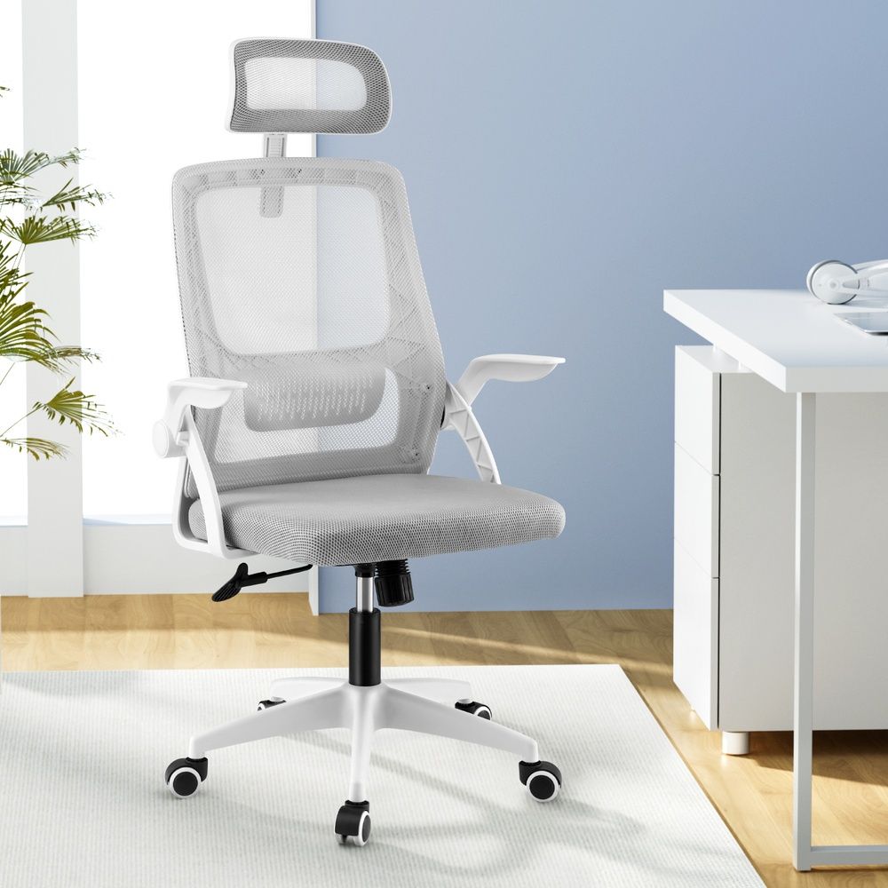 Cottesloe grey and white ergonomic mesh office chair with headrest in a home office