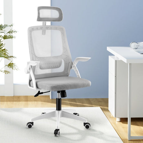 Cottesloe grey and white ergonomic mesh office chair with headrest in a home office