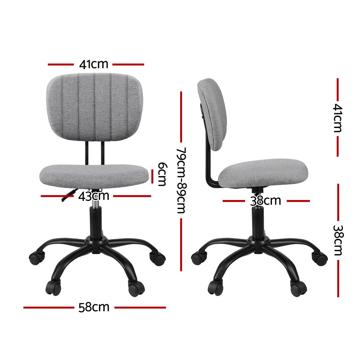 Pingelly grey armless fabric office chair in a small home office