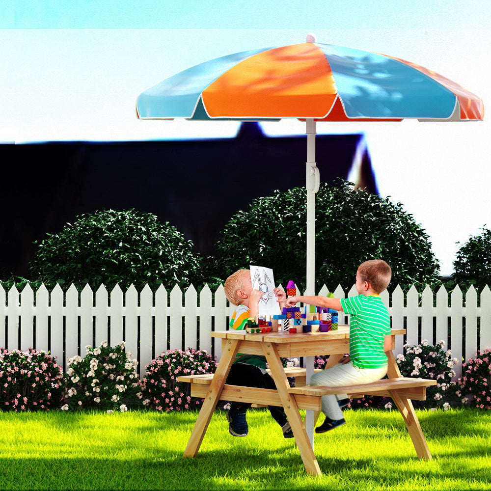 Children's wooden picnic table set with umbrella, natural finish