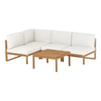 Five piece natural timber outdoor lounge setting with cushions on a patio