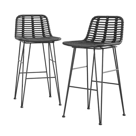 Rosebud West black outdoor wicker bar stool with steel frame on a patio