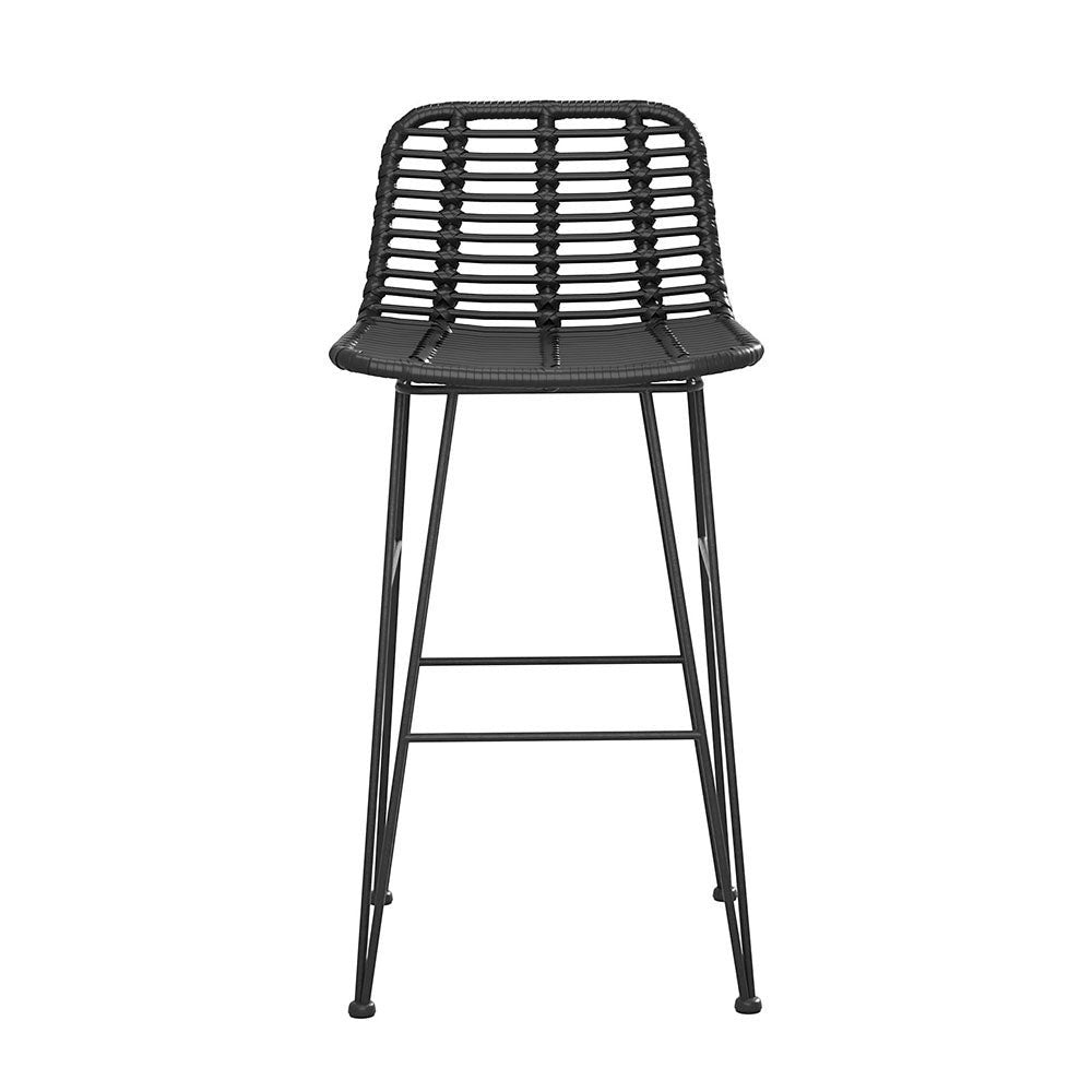 Rosebud West black outdoor wicker bar stool with steel frame on a patio