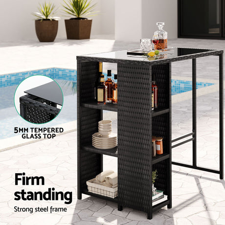3 Piece Outdoor Bar Set With Wicker Stools and Glass Table, Black