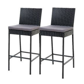 Terara black wicker outdoor bar stools with grey cushions poolside