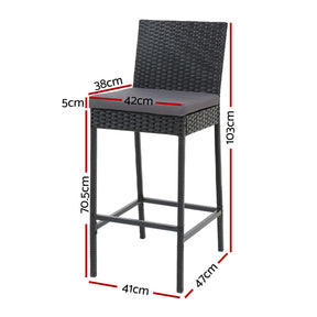 Worrigee black wicker outdoor bar stools with backrests and cushions at a patio bar
