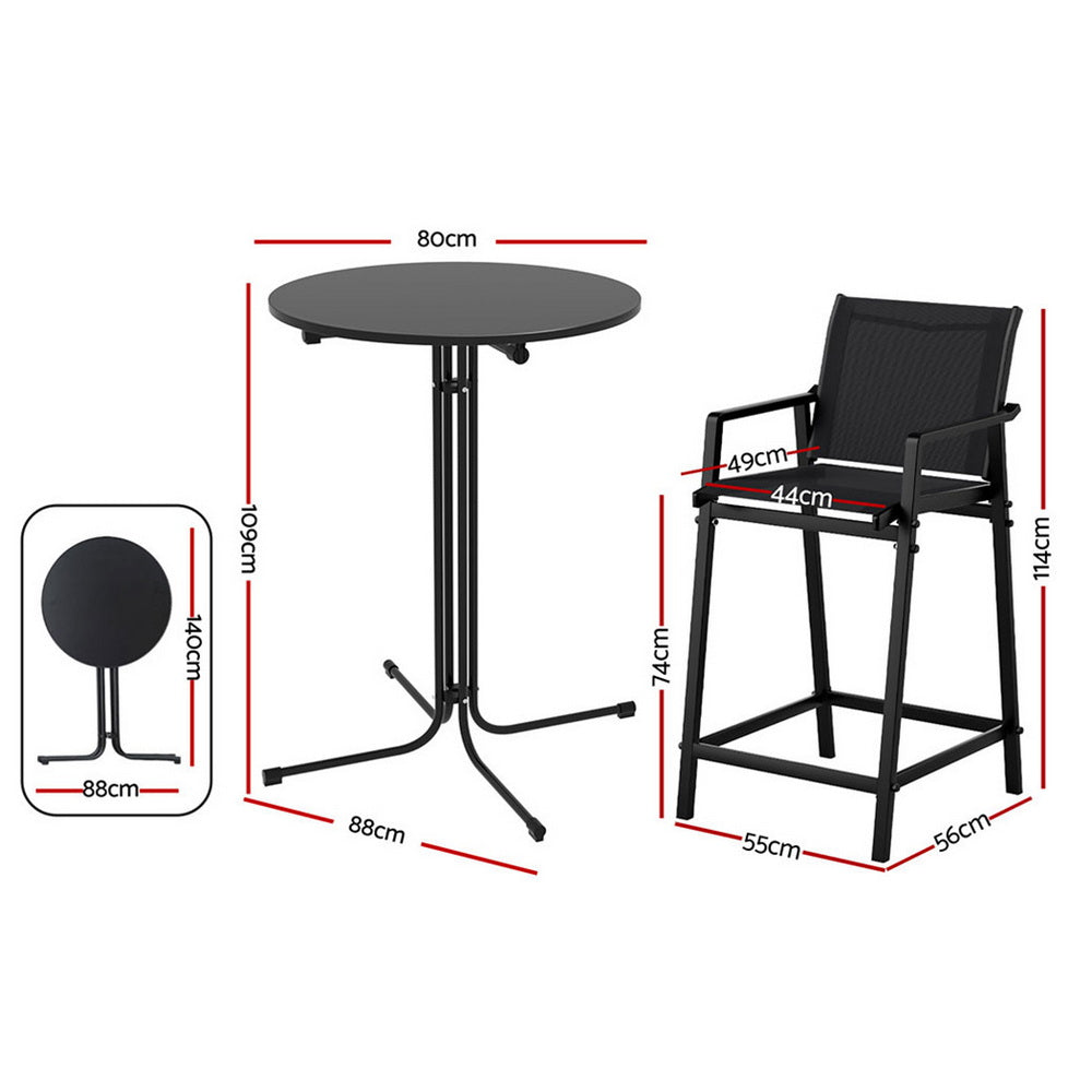 Three piece outdoor bar set with black steel frame table and two Textilene bar stools