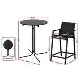 Three piece outdoor bar set with black steel frame table and two Textilene bar stools