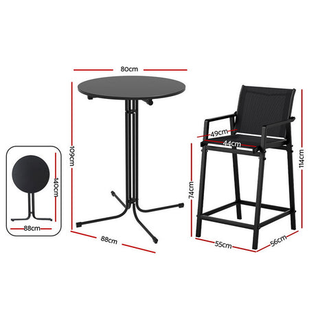 Three piece outdoor bar set with black steel frame table and two Textilene bar stools