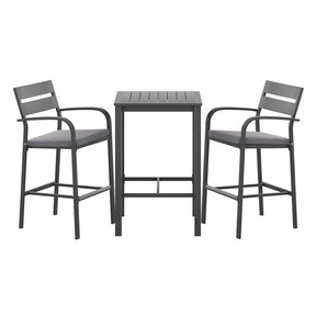 Broadbeach 3 piece black aluminium outdoor bar set with table and stools on a balcony