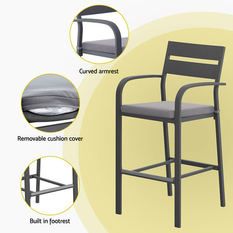 Gardeon 3 Piece Outdoor Aluminium Bar Set Stools and Table Black — Allure Home Collections