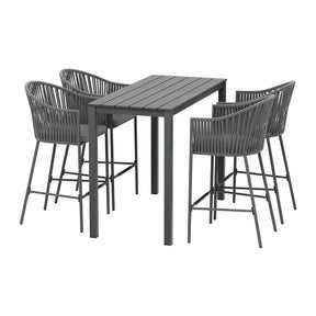 Peregian 5 piece outdoor bar set with rope weave chairs and dining table on a patio