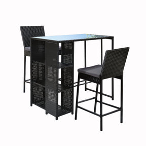 Coolangatta 3 piece outdoor wicker bar set with table and stools on a deck
