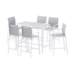 Shoalhaven white steel outdoor bar set with tempered glass table and six high back stools on a patio