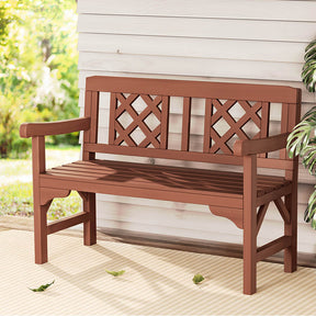 Burrier natural fir wood garden bench with lattice backrest seating two in a garden