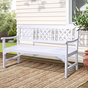 Yerriyong natural fir wood garden bench with lattice backrest on a patio