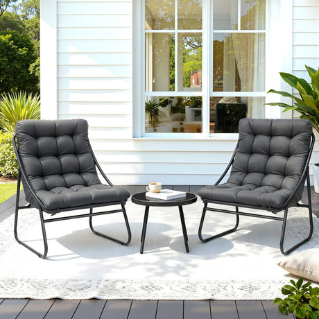 Three piece outdoor bistro set with black steel frame, glass table and Textilene chairs
