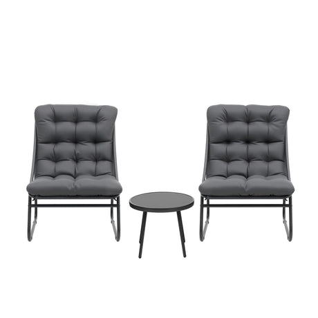 Three piece outdoor bistro set with black steel frame, glass table and Textilene chairs