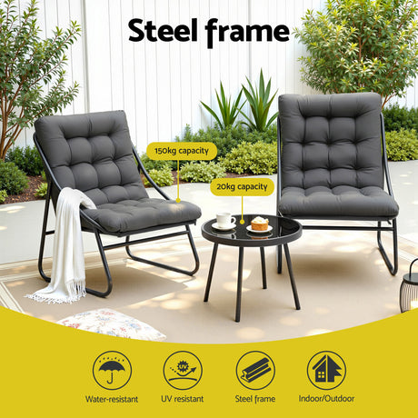 Three piece outdoor bistro set with black steel frame, glass table and Textilene chairs