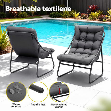 Three piece outdoor bistro set with black steel frame, glass table and Textilene chairs