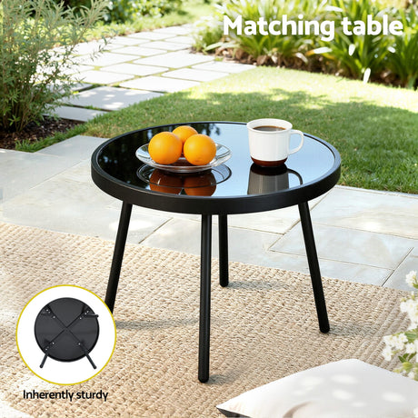 Three piece outdoor bistro set with black steel frame, glass table and Textilene chairs