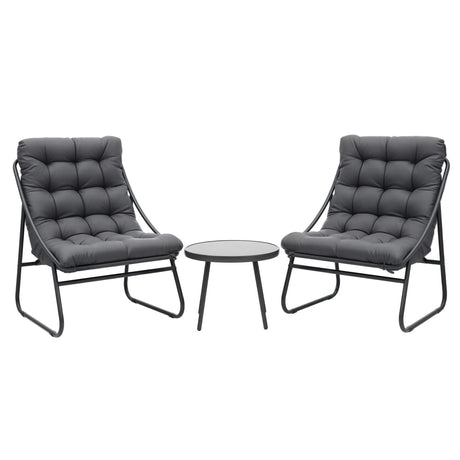 Three piece outdoor bistro set with black steel frame, glass table and Textilene chairs
