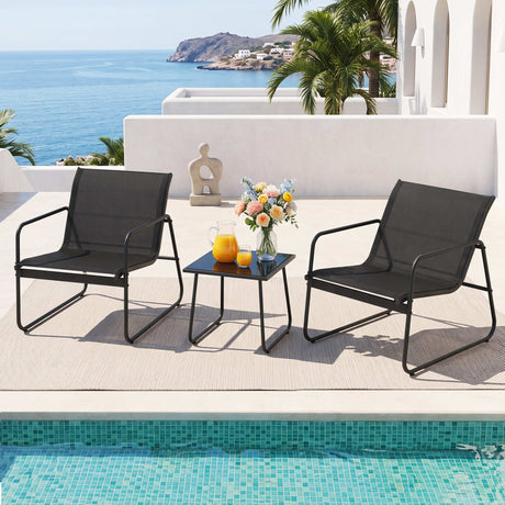 Outdoor Bistro Set 3 Piece Textilene Chairs And Glass Table Black