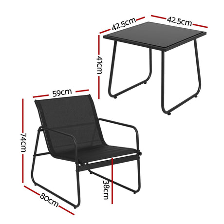 Outdoor Bistro Set 3 Piece Textilene Chairs And Glass Table Black