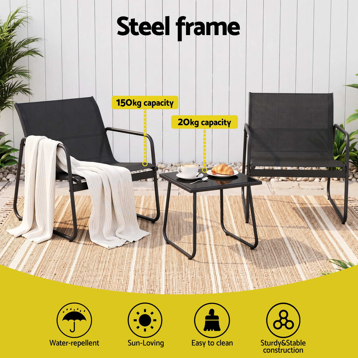 Outdoor Bistro Set 3 Piece Textilene Chairs And Glass Table Black