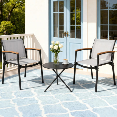 Three piece outdoor bistro set with black steel frame and grey Textilene chairs