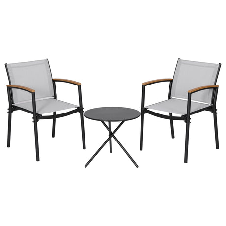 Three piece outdoor bistro set with black steel frame and grey Textilene chairs