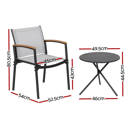 Three piece outdoor bistro set with black steel frame and grey Textilene chairs