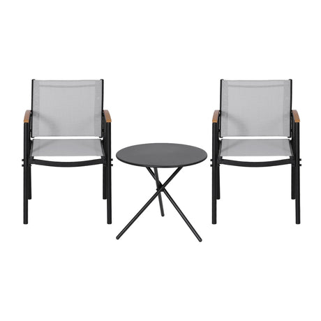 Three piece outdoor bistro set with black steel frame and grey Textilene chairs