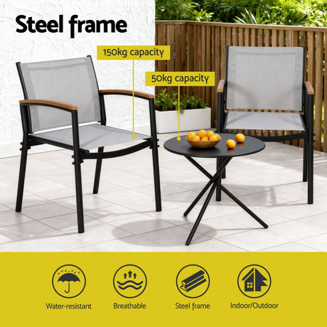 Three piece outdoor bistro set with black steel frame and grey Textilene chairs